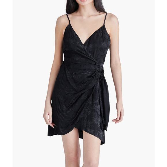 Steve Madden Dresses & Skirts - NWT Steve Madden Georgina Jacquard Faux Wrap
Satin Minidress In Black Size 12